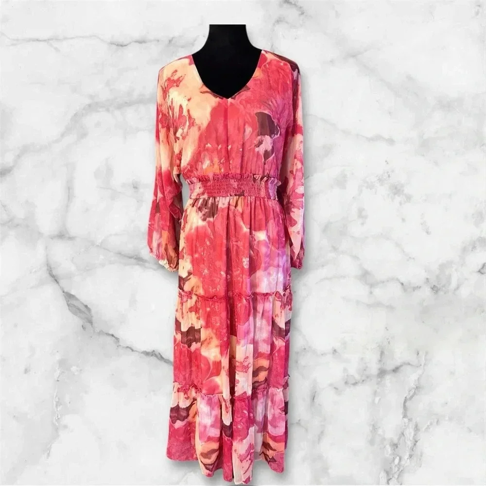 Mila Mae long sleeve floral chiffon midi dress sz XL nwt 006